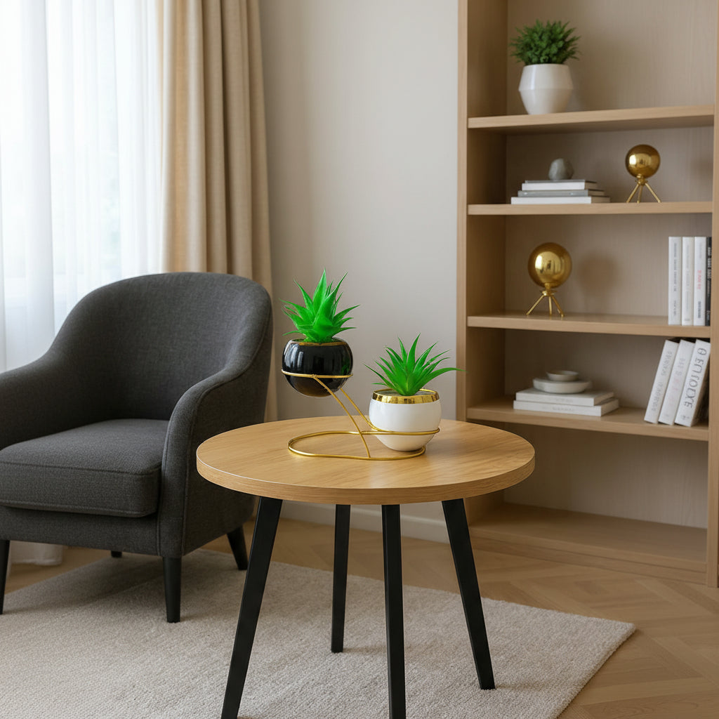 Black & White Ceramic Pots with artificial Cactus Plants on Golden Metallic Stand