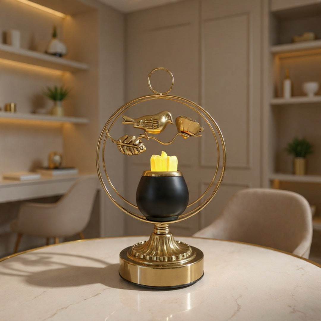 Golden Metallic Candle Stand with Sparrow inside Circle (with LED Candle)