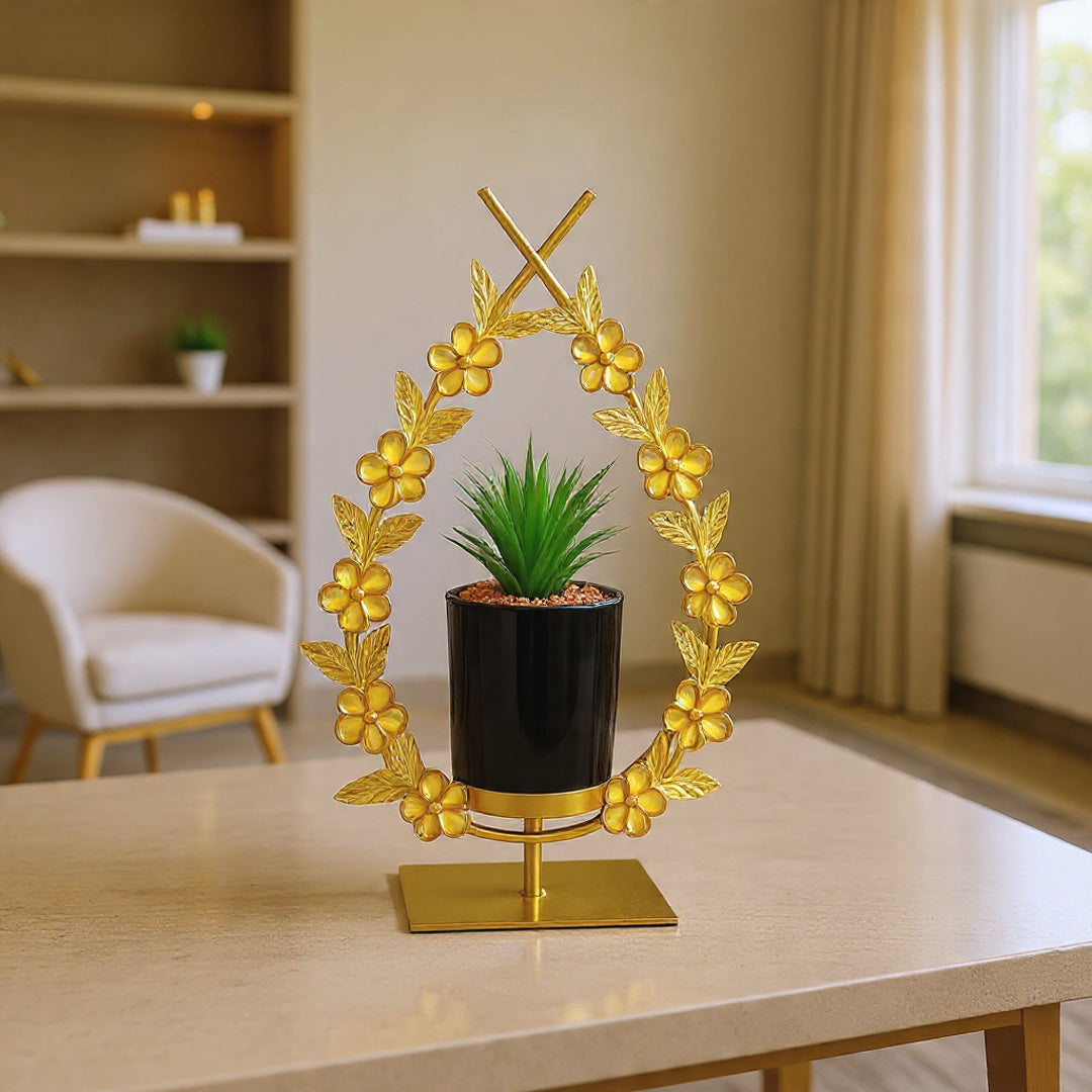 Cactus with Planter inside Metallic Floral Frame