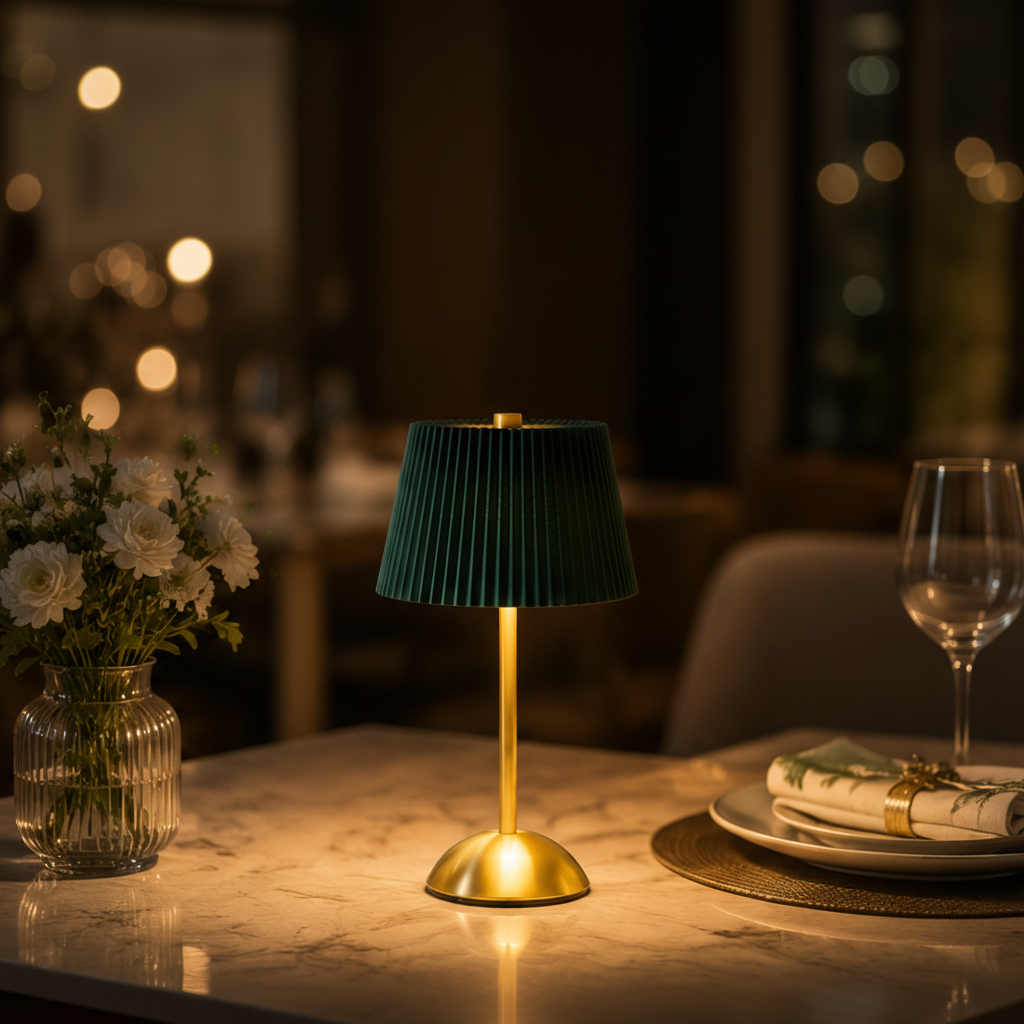 Golden LED Lamp with Green Umbrella Shape Top – 3 Light Colours, Portable, Rechargeable, Touch Sensor