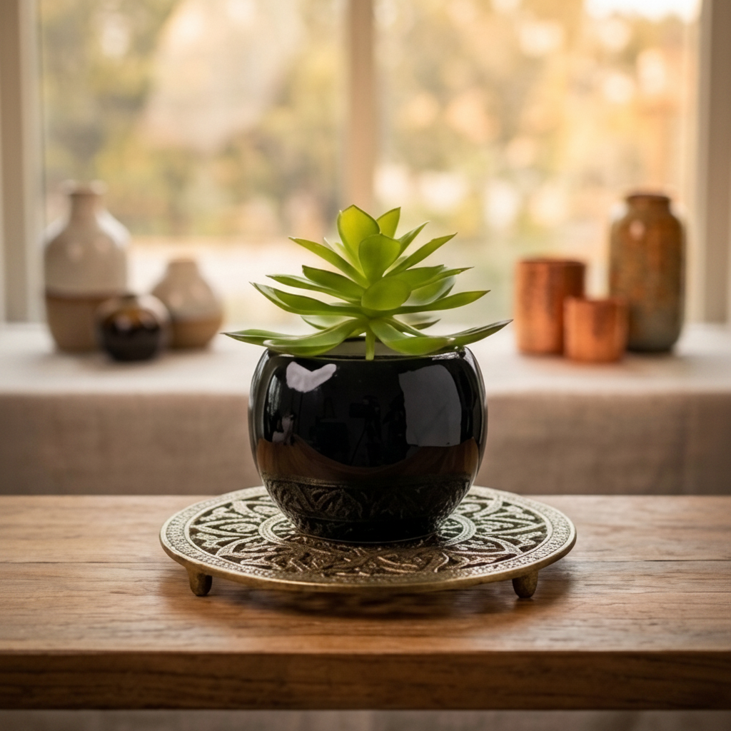 Black Ceramics Pot with artificial Succulent Plant