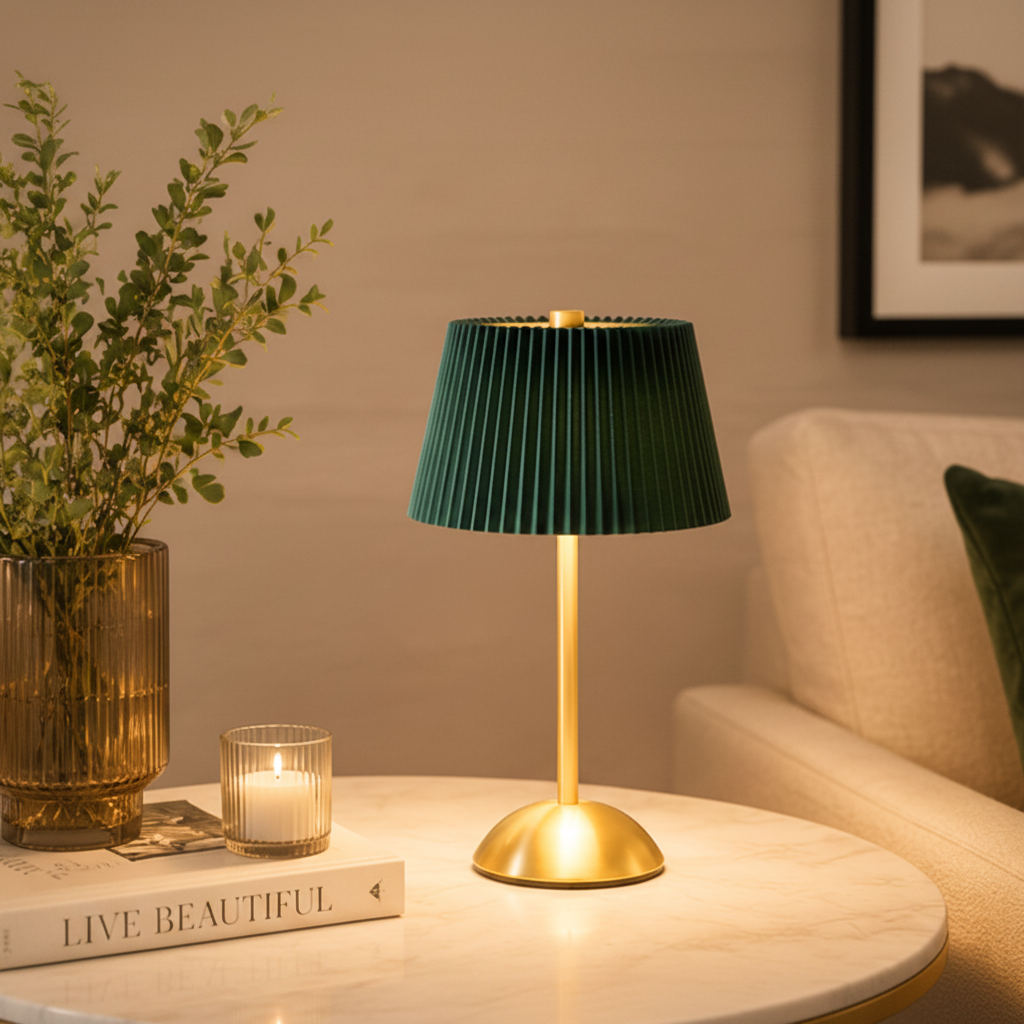 Golden LED Lamp with Green Umbrella Shape Top – 3 Light Colours, Portable, Rechargeable, Touch Sensor