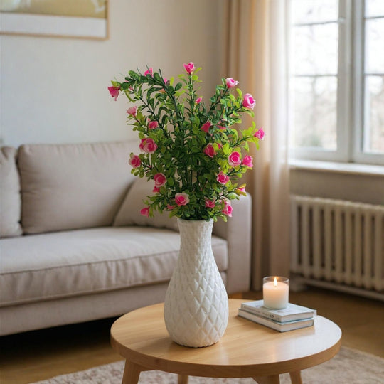 Unique Designer Plastic Vase (White) with Bunch of Plastic Plant Leaves & Pink Flowers