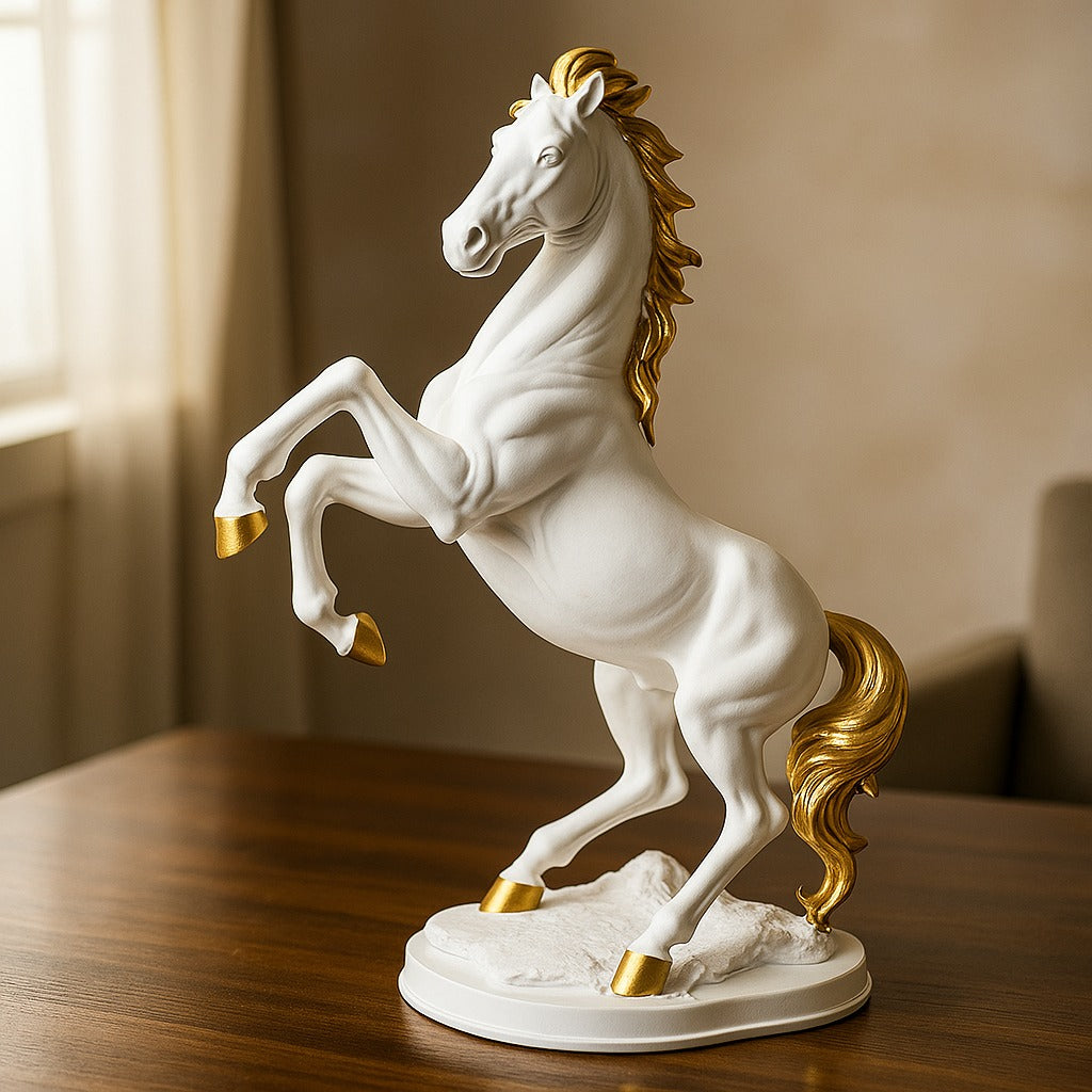 Elegant White-Golden Standing Horse Statue on White Resin Base