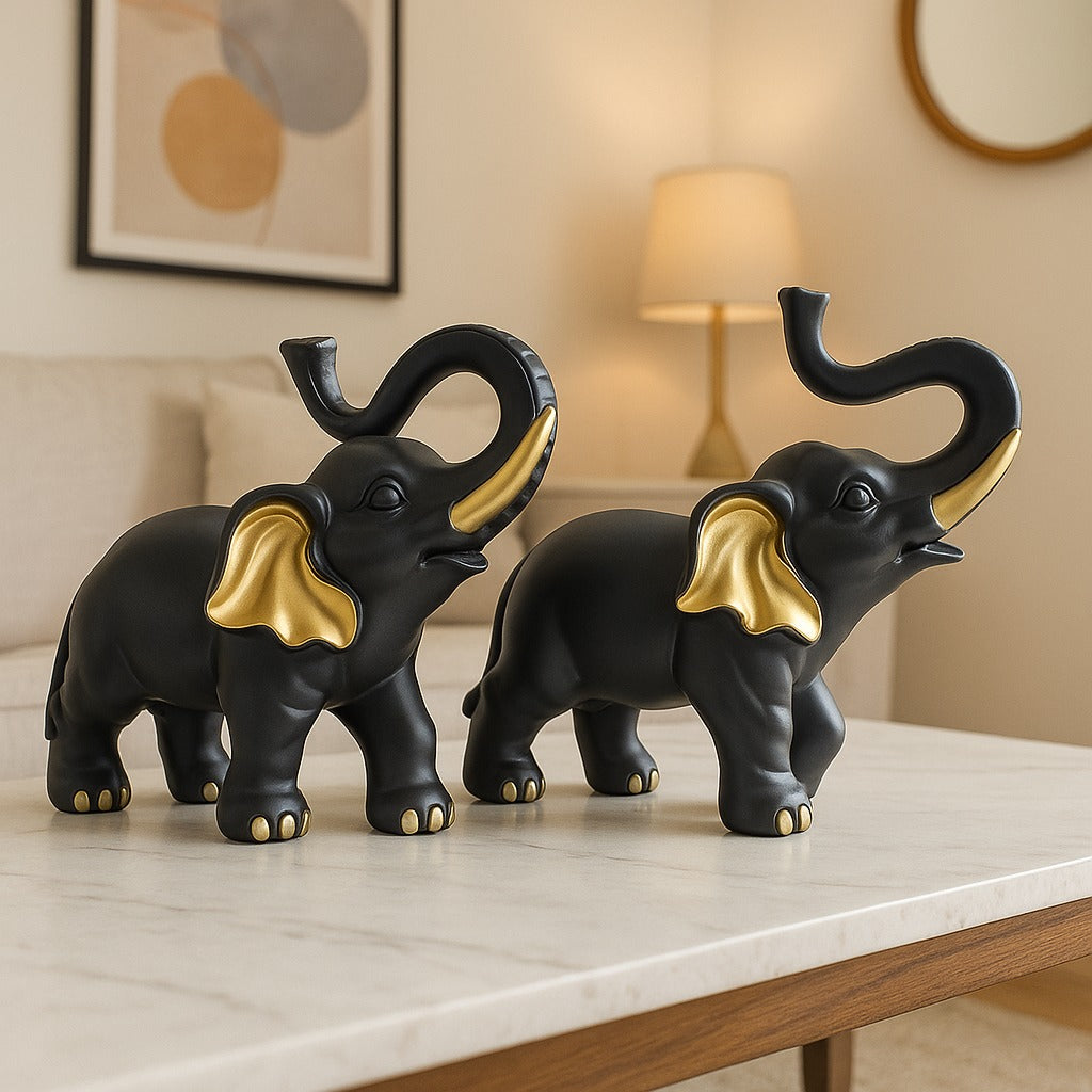Set of 2 Black-Golden Elephant Statues