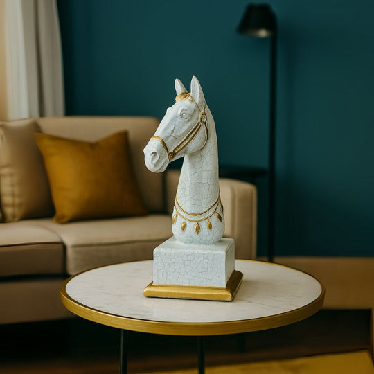 White-Golden Horse Head on Square Base Resin