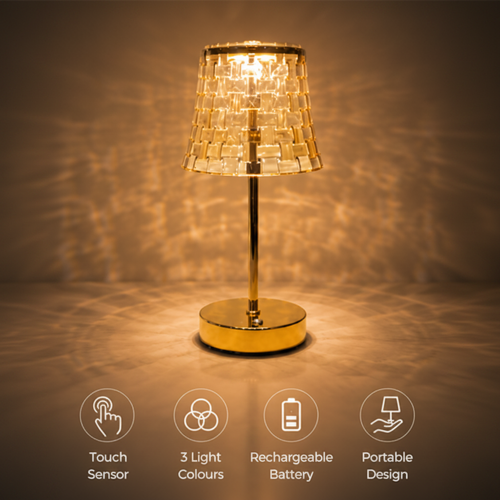 Golden LED Crystal Lamp – 3 Light Colours, Portable, Rechargeable, Touch Sensor