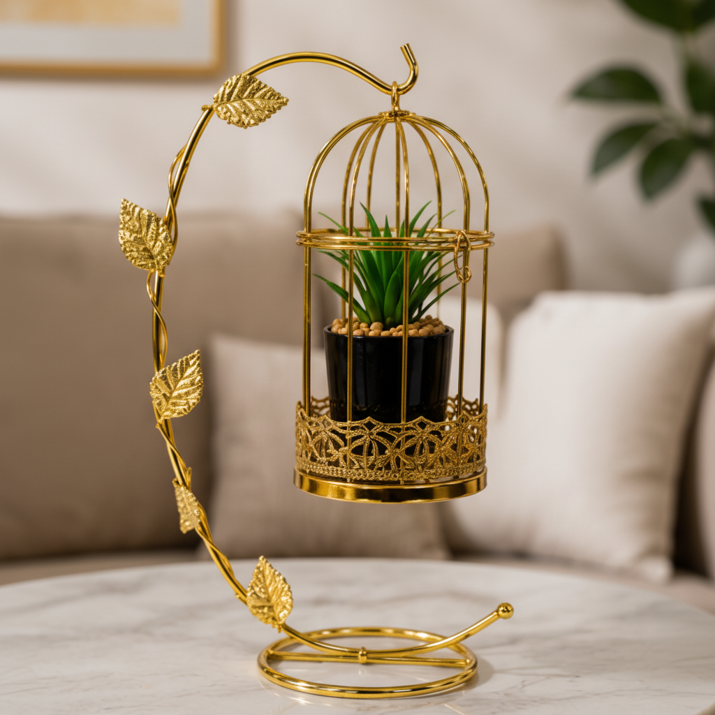 Golden Metallic Cage with Plant Pot inside, hanged on Golden Arc Shaped Stand