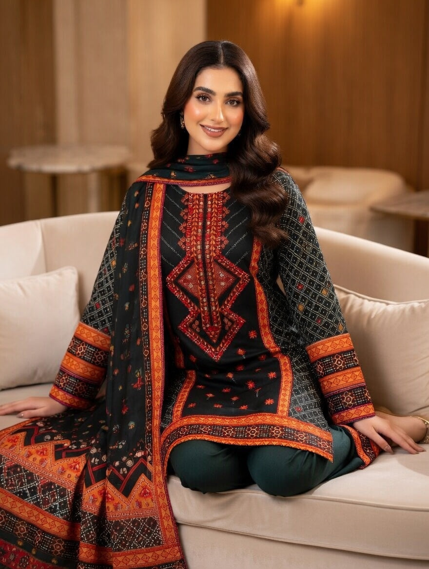 3-Pcs Printed & Embroidered Lawn Suit (Stitched)
