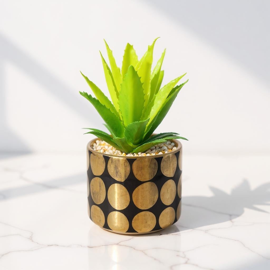 Ceramic Pot (Golden-Black) with artificial Cactus Plant