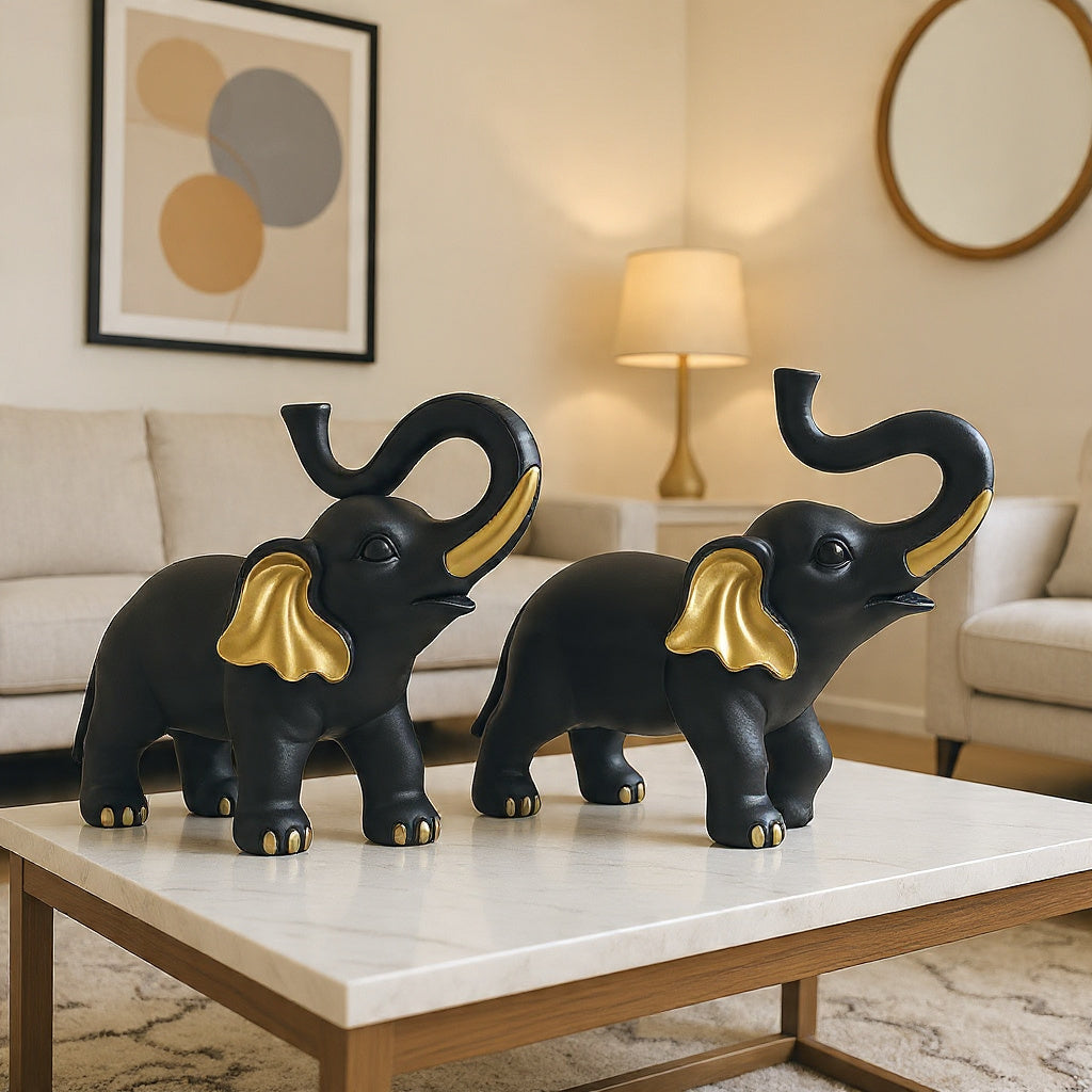 Set of 2 Black-Golden Elephant Statues