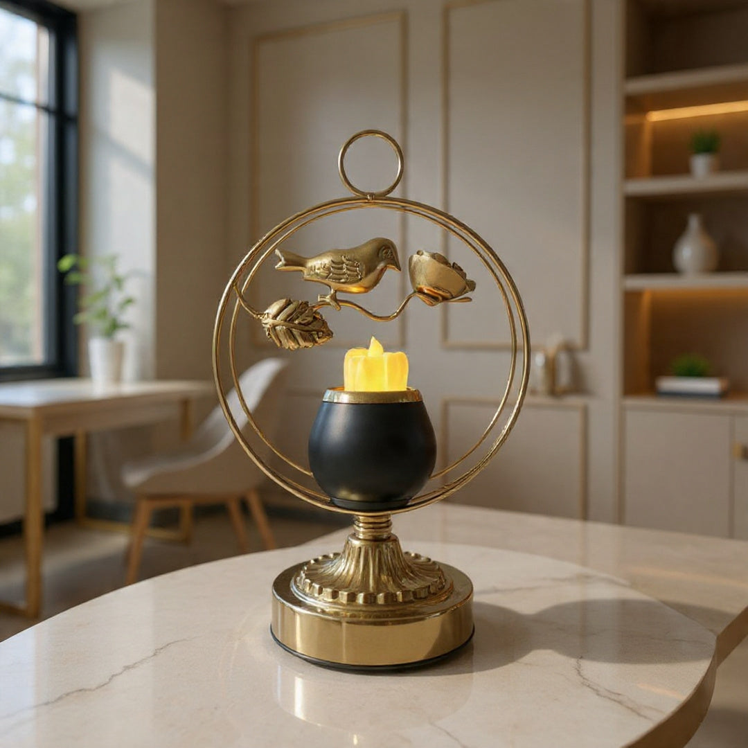 Golden Metallic Candle Stand with Sparrow inside Circle (with LED Candle)