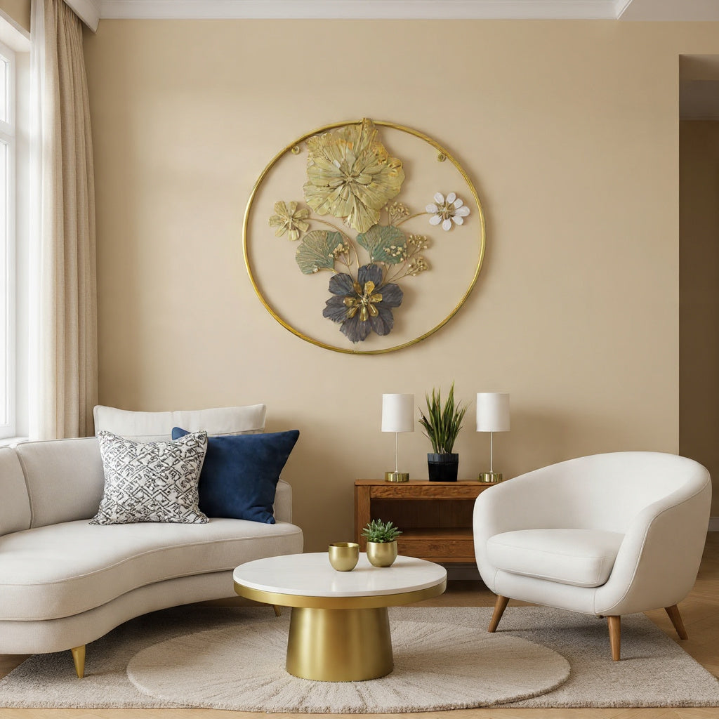 Golden Metallic Round 3d Flowers Wall Décor