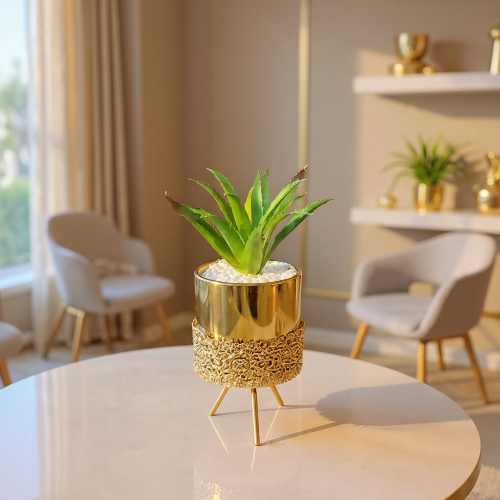 Ceramic Pot with Cactus Plant on a Tripod Stand