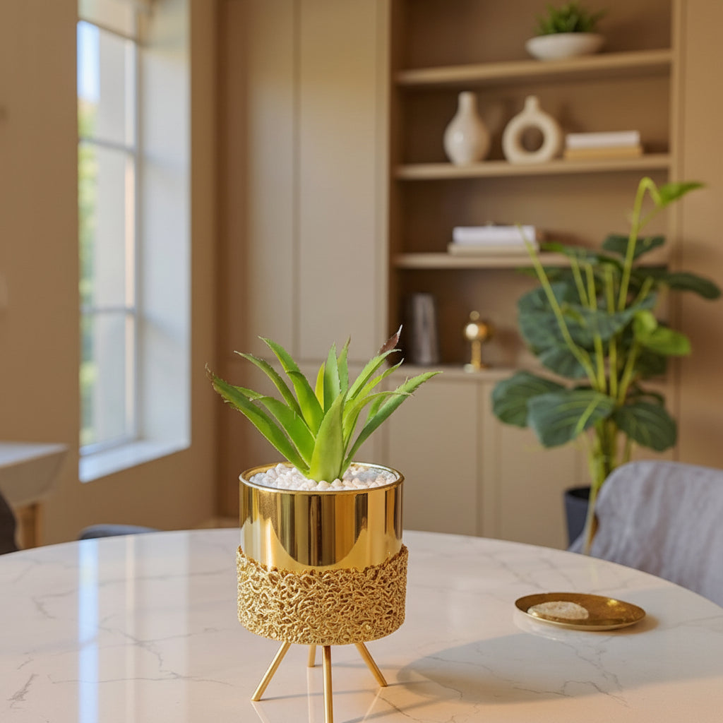 Ceramic Pot with Cactus Plant on a Tripod Stand