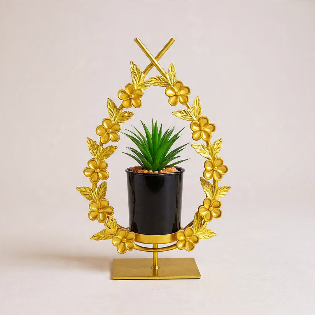Cactus with Planter inside Metallic Floral Frame