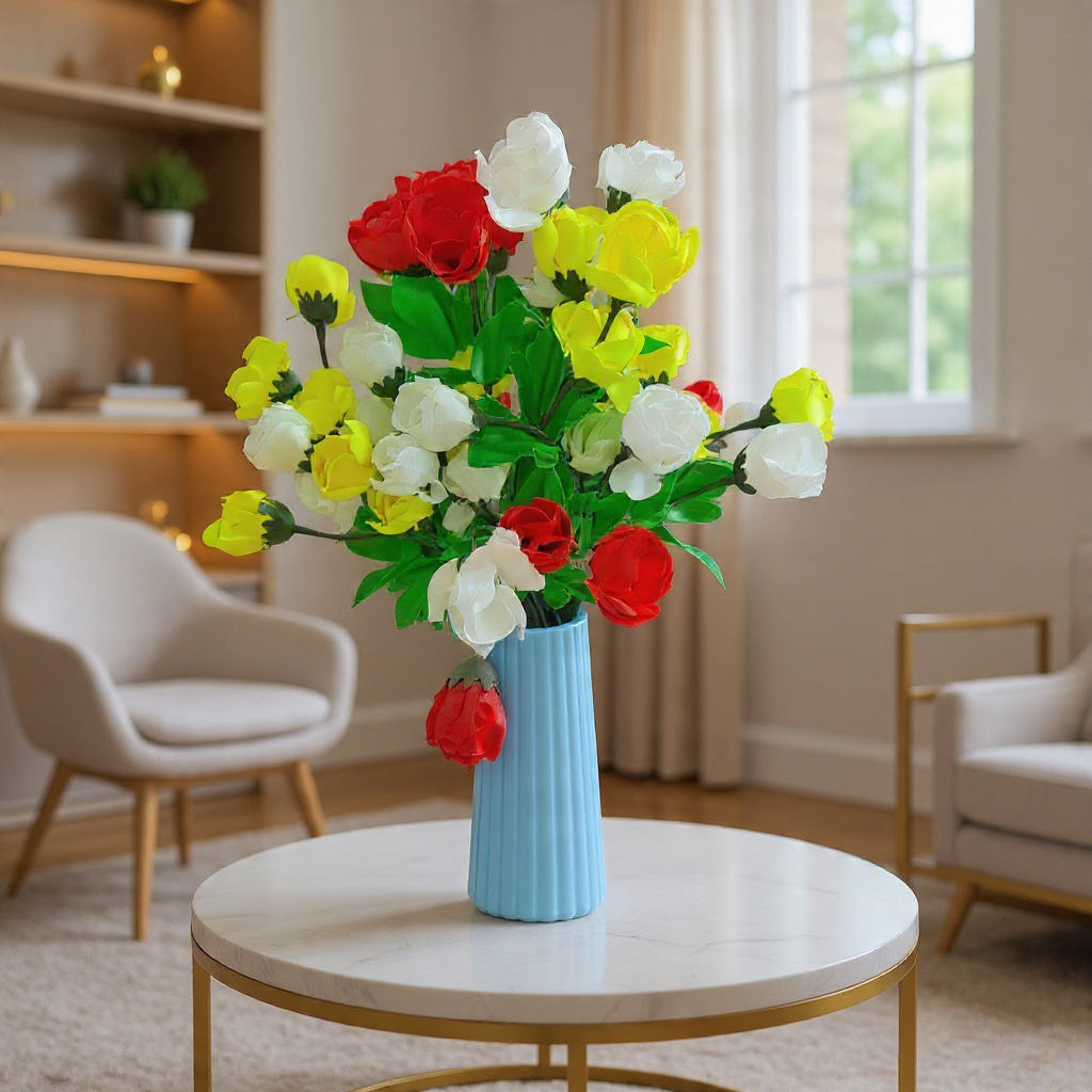 Aesthetic Ceramic Vase (Blue) with Bunch of Multi Colour flowers