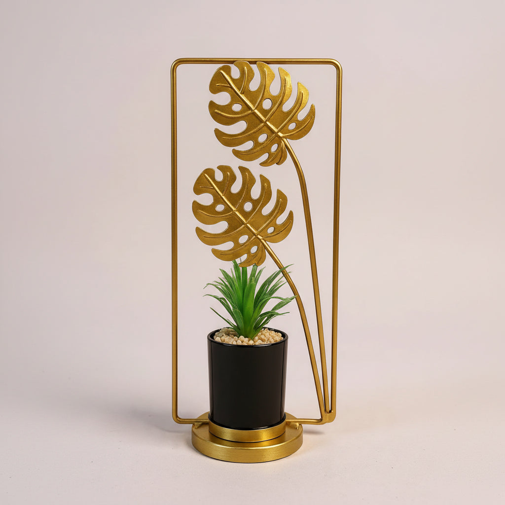 Cactus with Planter inside Rectangular Metallic Frame with Leaves