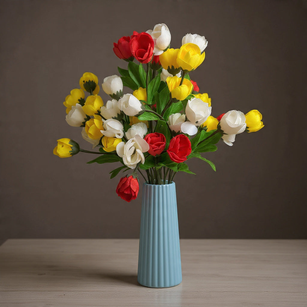Aesthetic Ceramic Vase (White) with Bunch of Multi Colour flowers