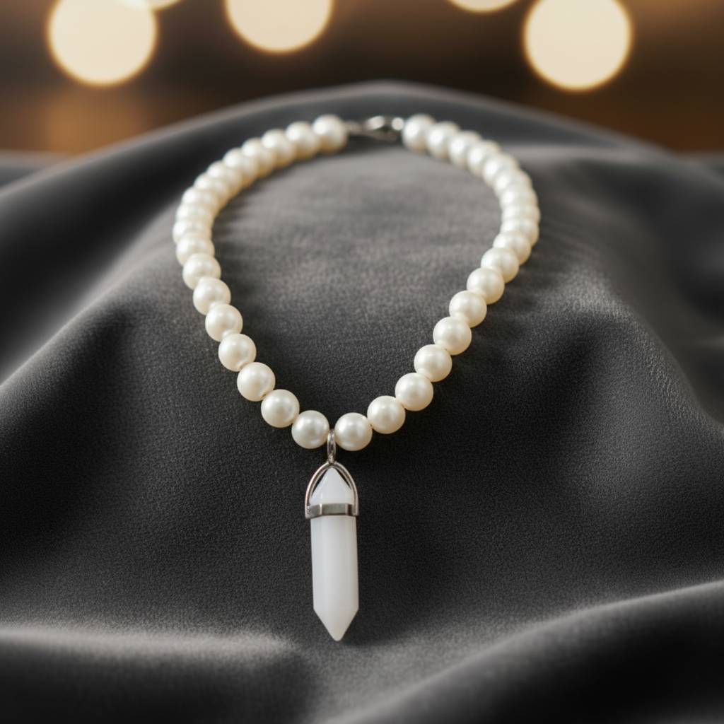 White Pearls Necklace with Hexagonal Column Marble Charm in Gift Packing