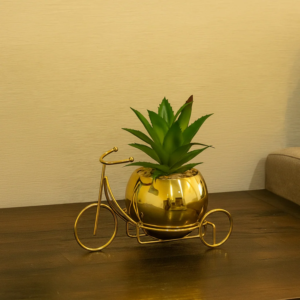 Classic Golden Ceramic Pot with Cactus Plant on Metallic Bicycle