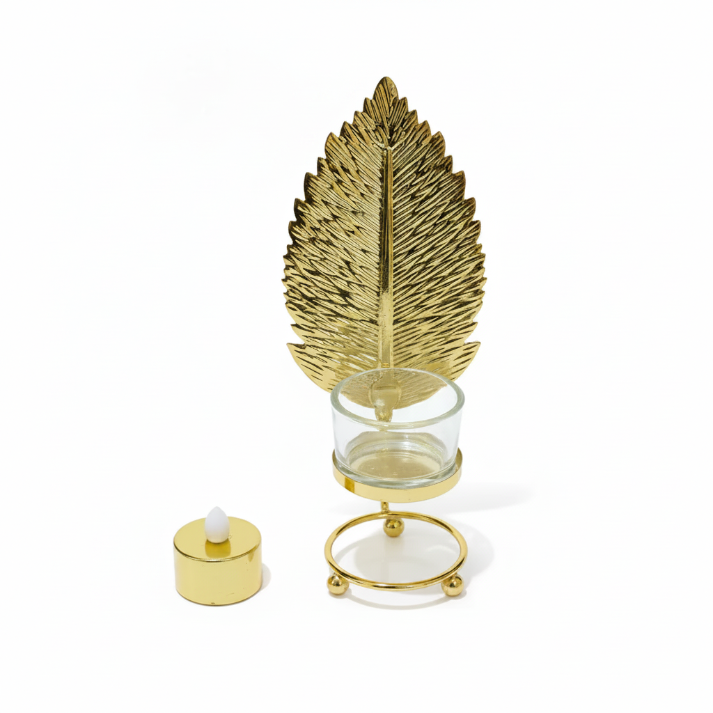 Golden Metallic Leaf Candle Stand with Flameless Candle