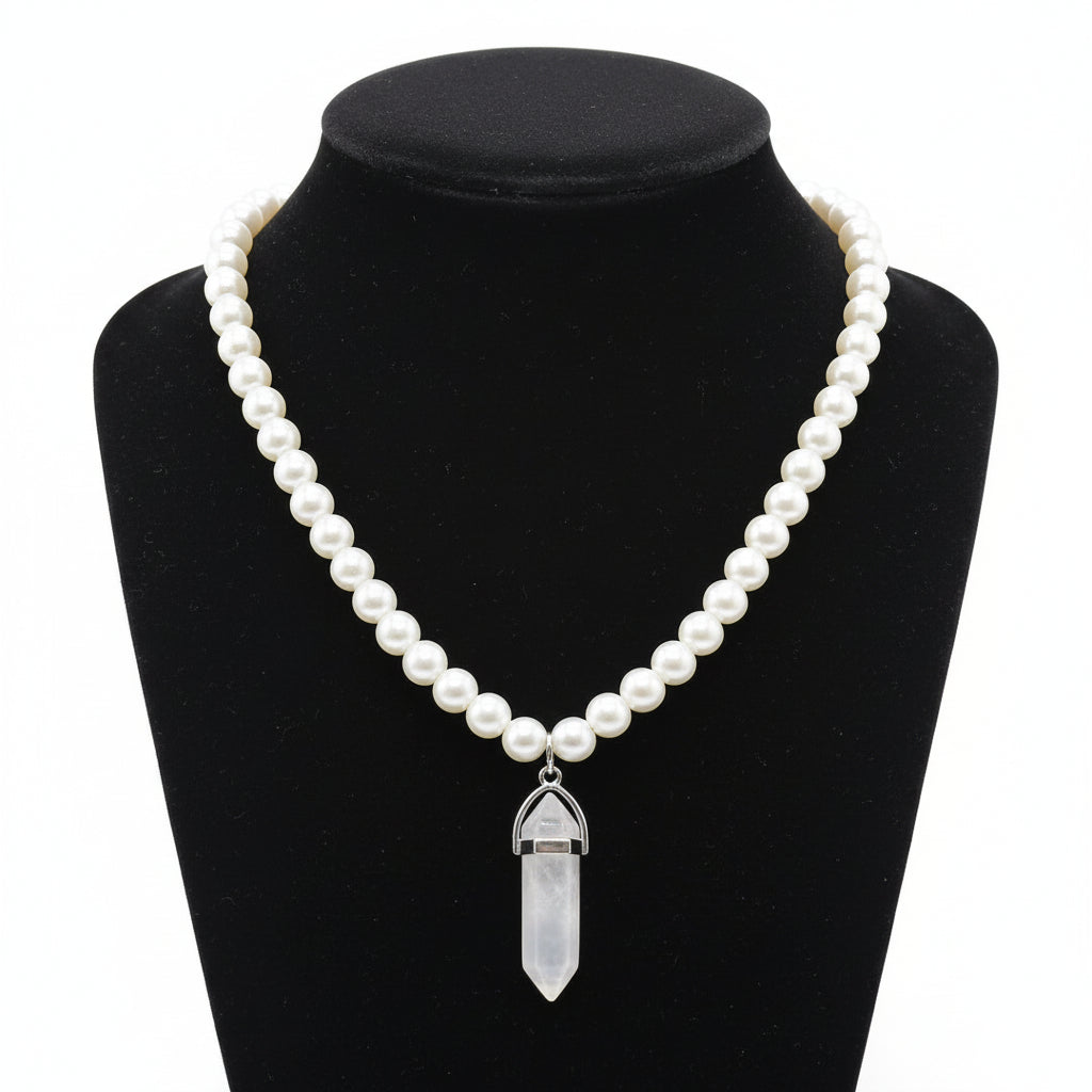 White Pearls Necklace with Hexagonal Column Marble Charm in Gift Packing