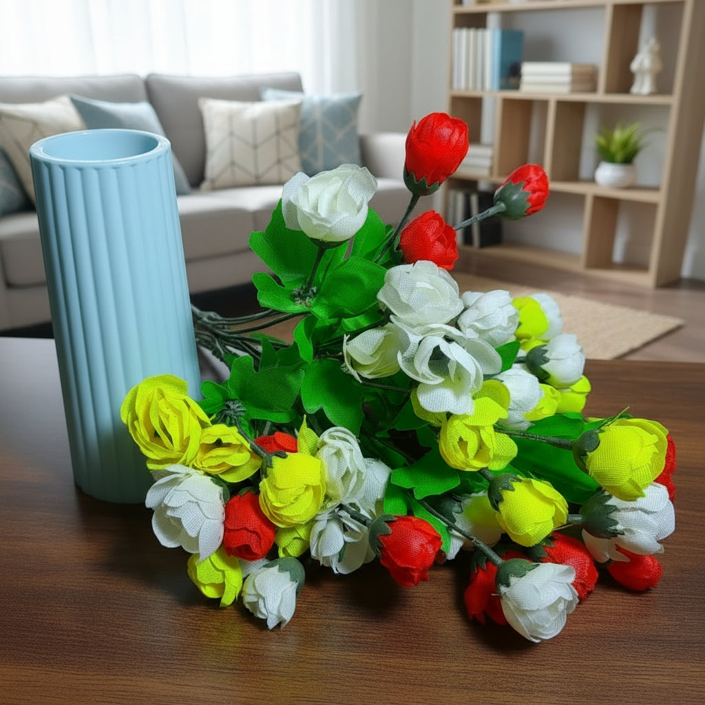 Aesthetic Ceramic Vase (White) with Bunch of Multi Colour flowers