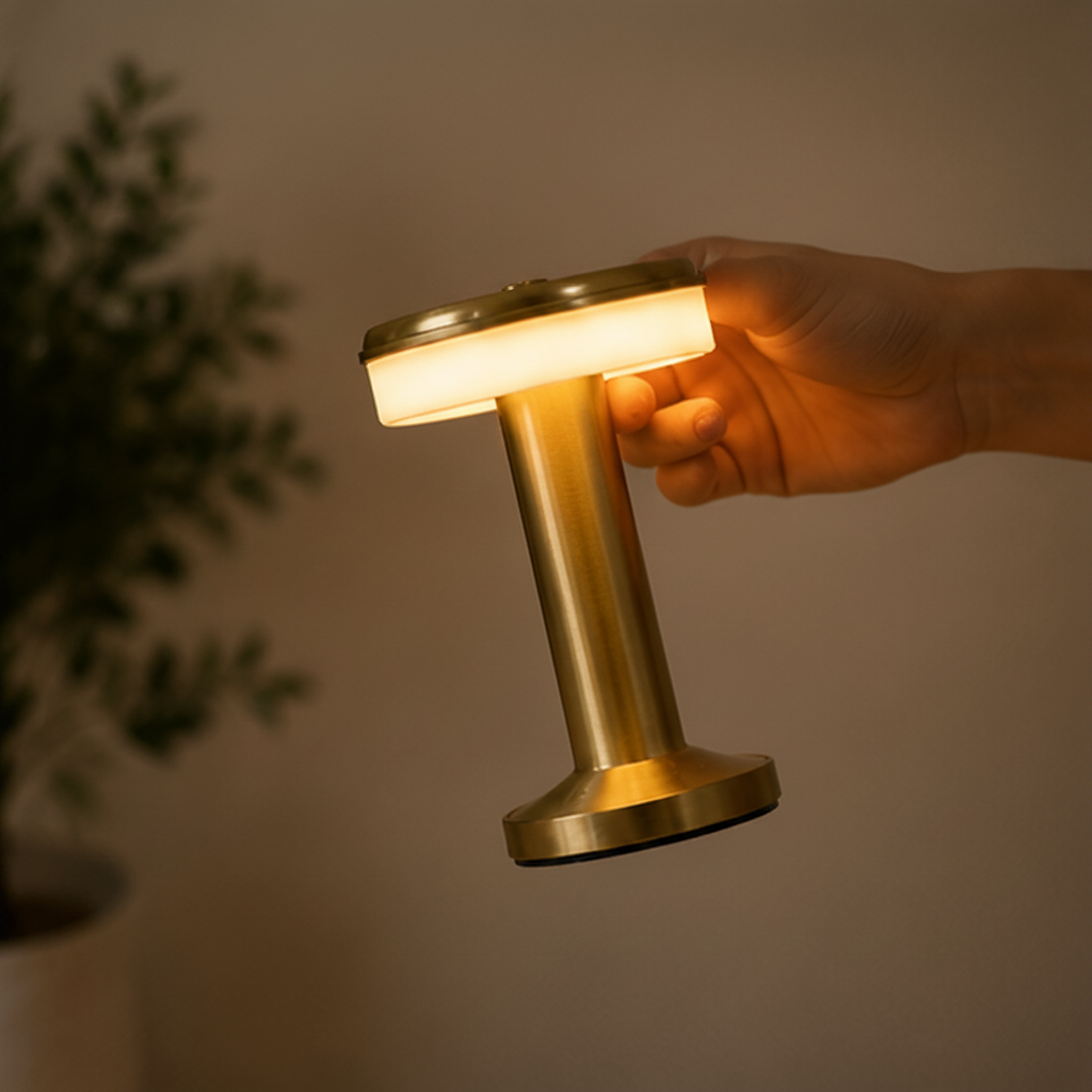 Golden LED Desk Lamp – 3 Light Colours, Portable, Rechargeable, Touch Sensor
