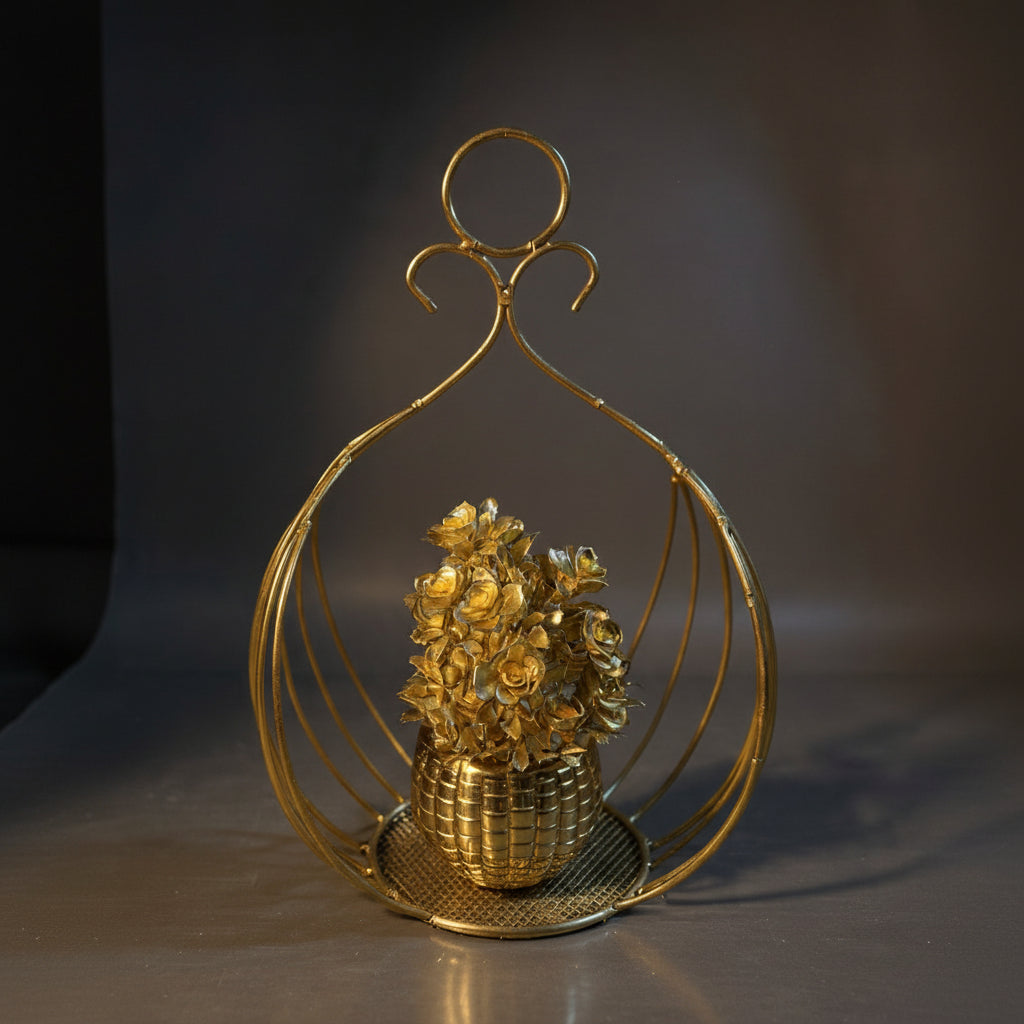 Golden Metallic Stand with Golden Plant inside Golden Pot