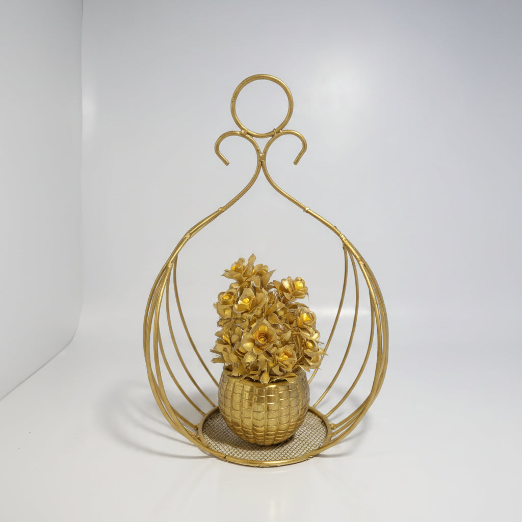 Golden Metallic Stand with Golden Plant inside Golden Pot