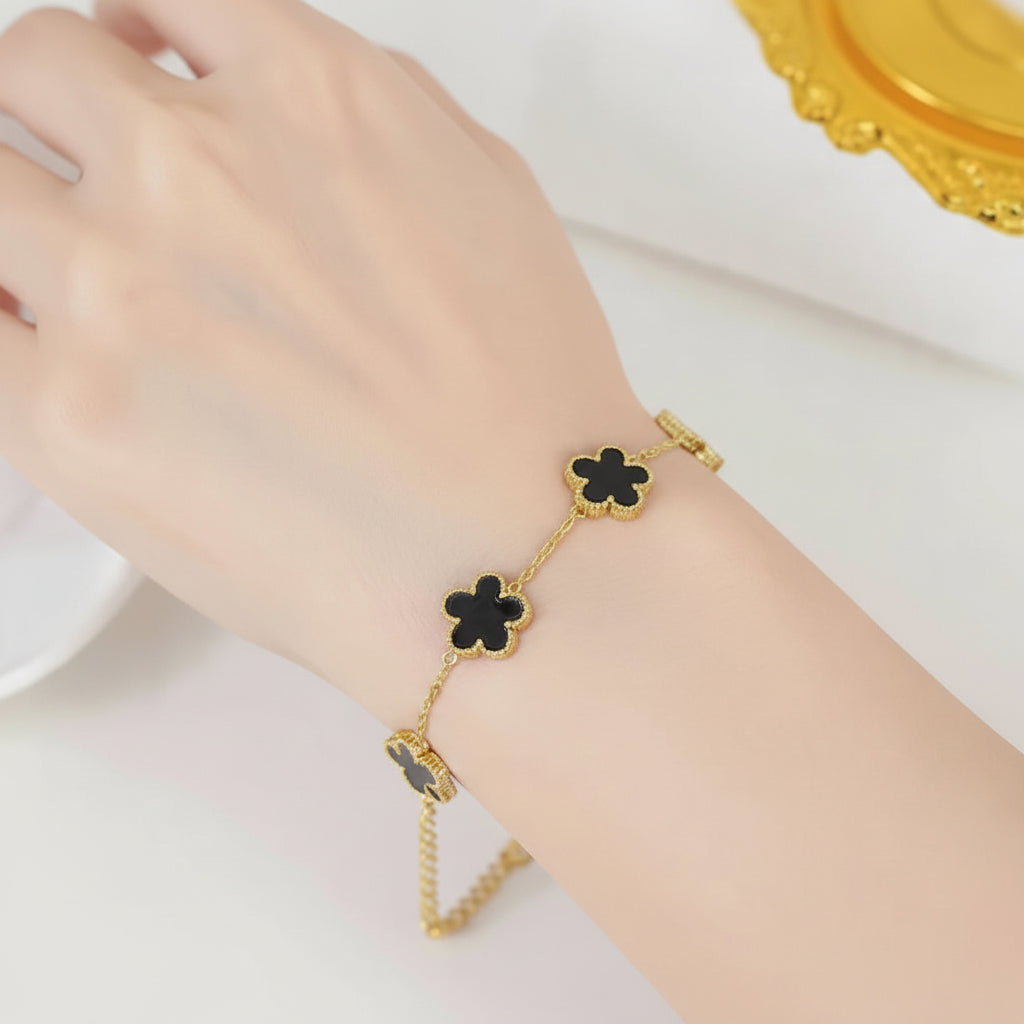 Golden-Black 5 Leaves Clover Bracelet in Gift Packing
