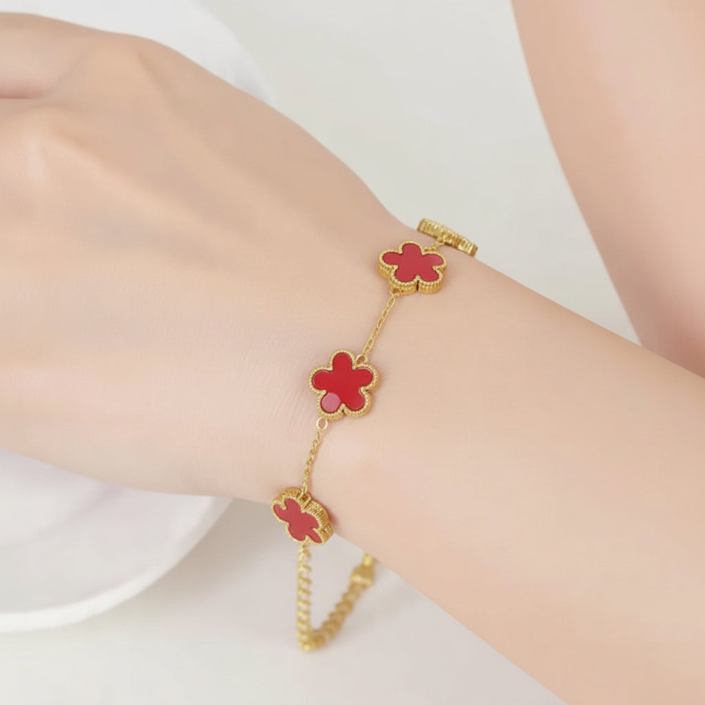 Golden-Red 5 Leaves Clover Bracelet in Gift Packing