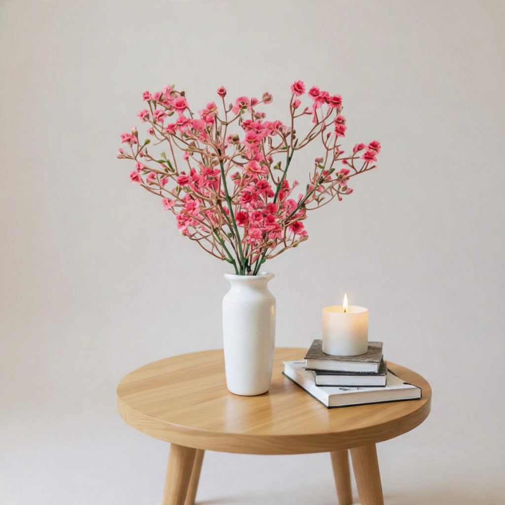 Elegant Ceramic Vase (White) with Bunch of Plastic Gypsophila Pink Flowers