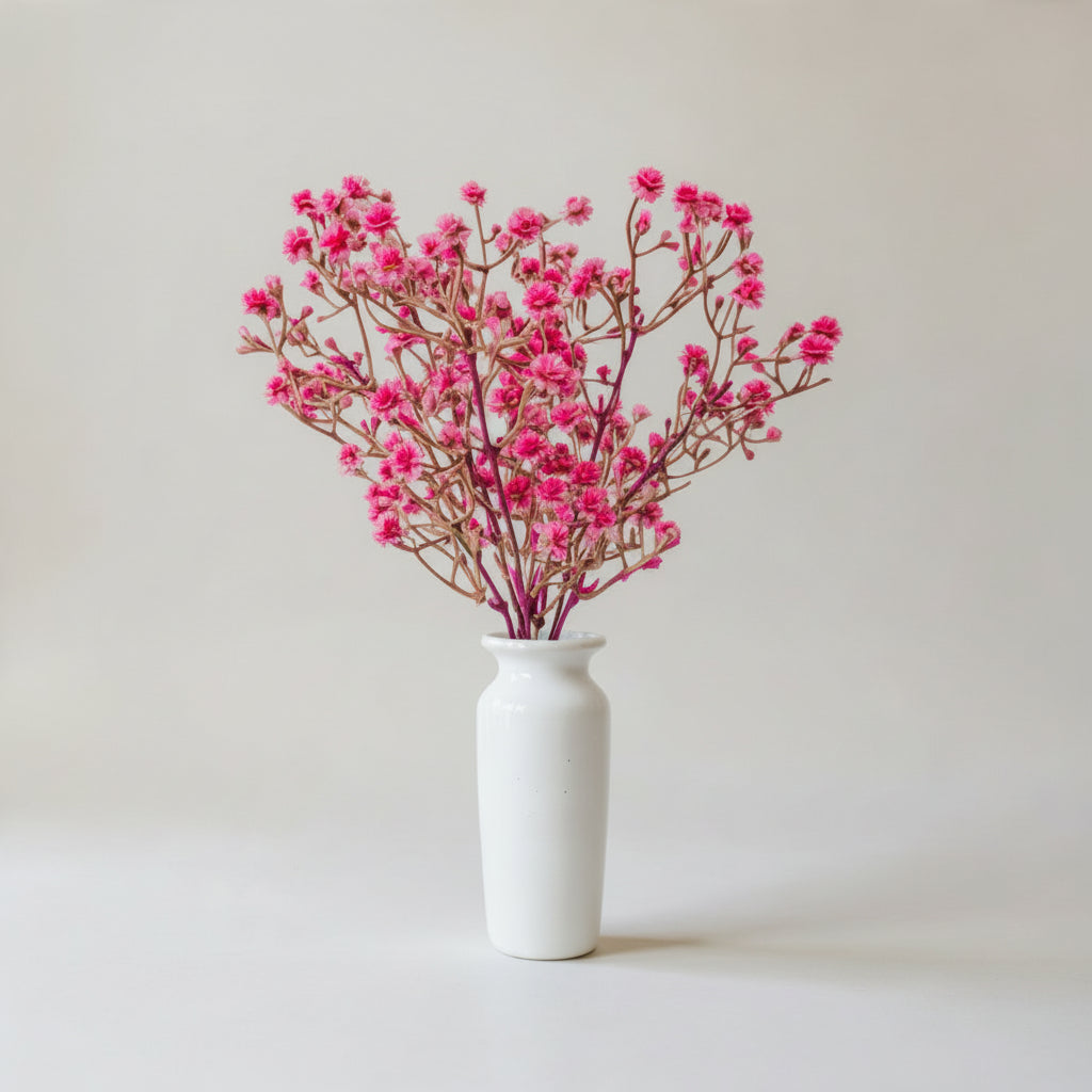 Elegant Ceramic Vase (White) with Bunch of Plastic Gypsophila Pink Flowers