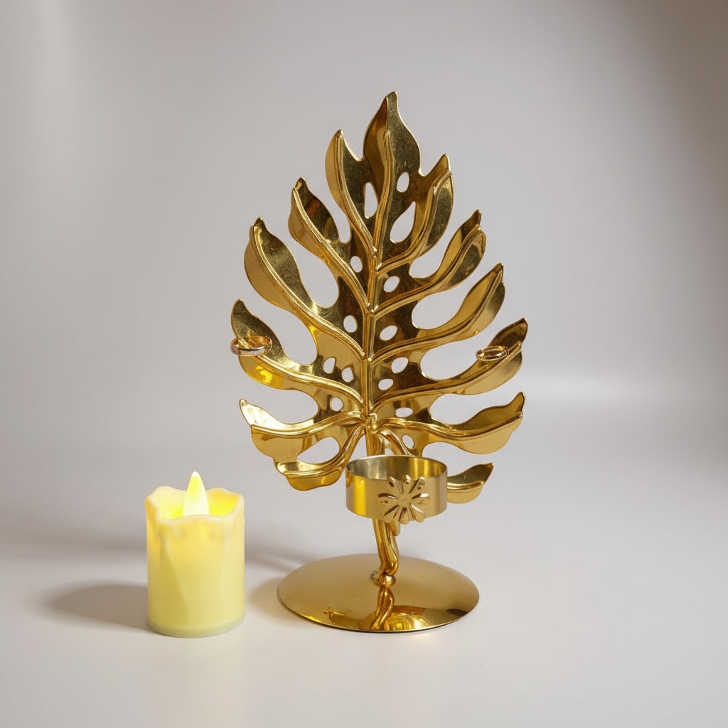 Golden Metallic Leaf Candle Stand with Flameless Candle