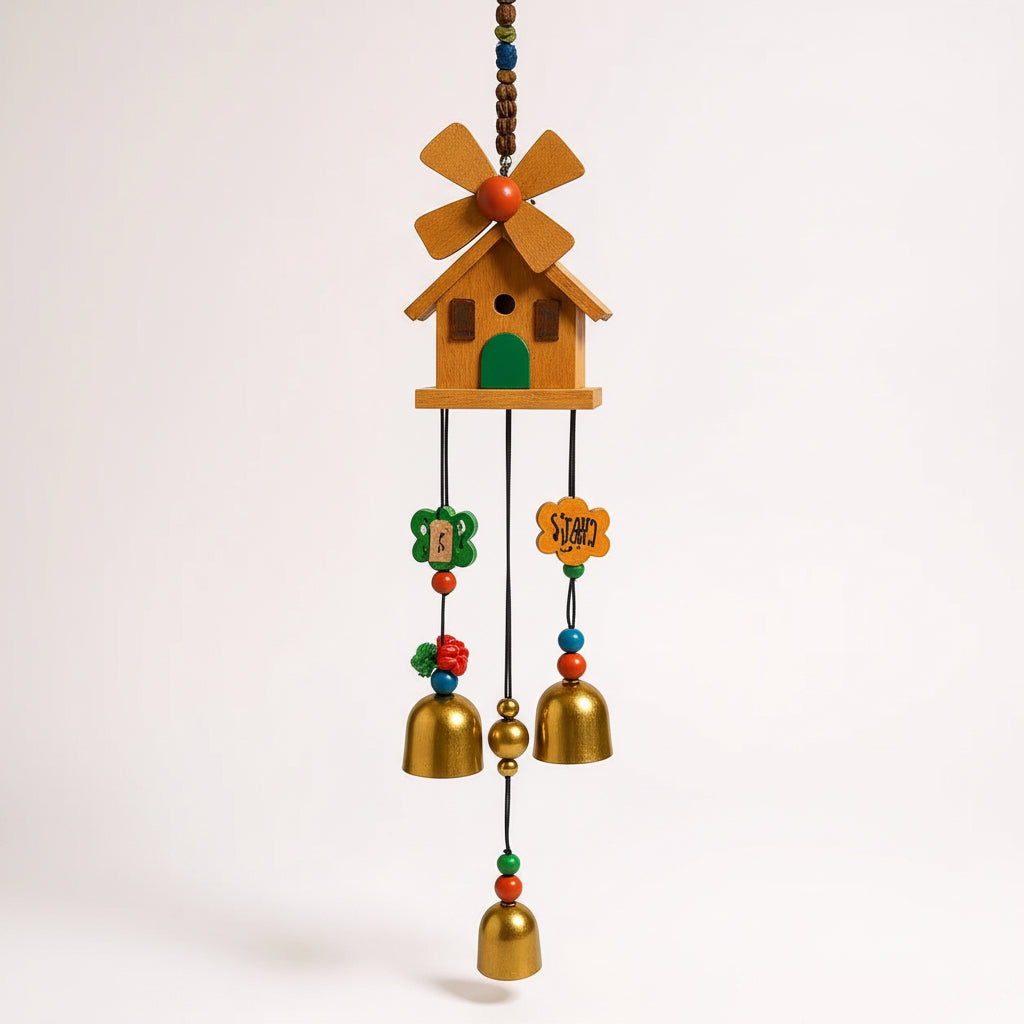 Wooden Model House Wind Chime With Golden Bells