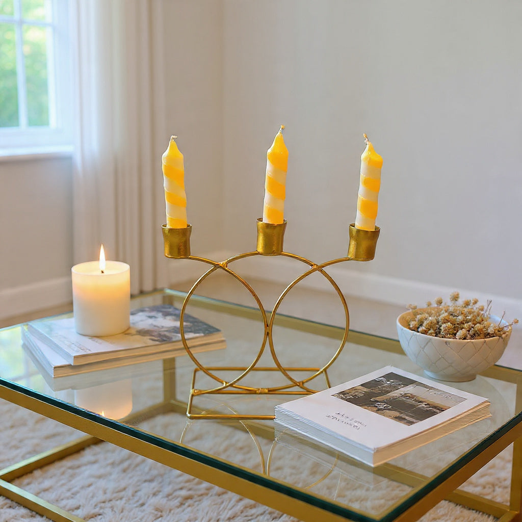 Golden Metallic Grand Candle Stand with 3 Candle Holders (without candles)