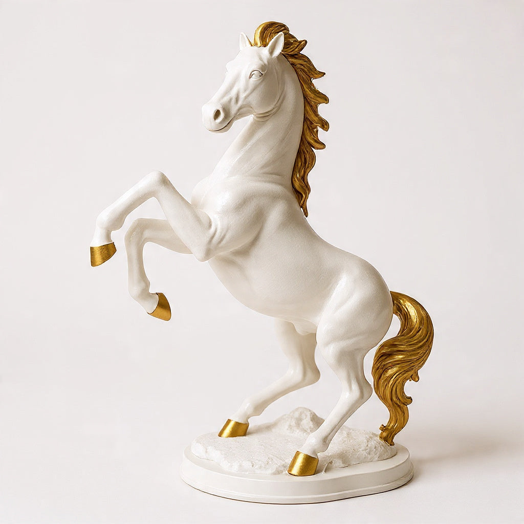 Elegant White-Golden Standing Horse Statue on White Resin Base