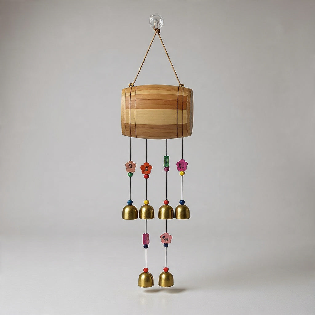 Wooden Drum Shape Wind Chime With Golden Bells