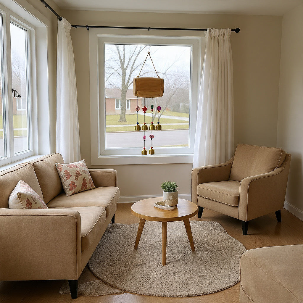 Wooden Drum Shape Wind Chime With Golden Bells
