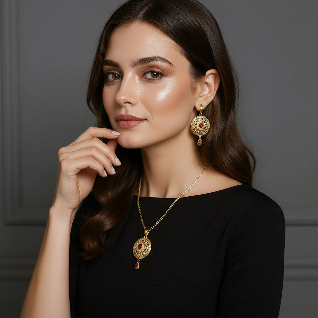 3-Pieces Set of Golden Locket & Earrings with Maroon Stones in Gift Packing