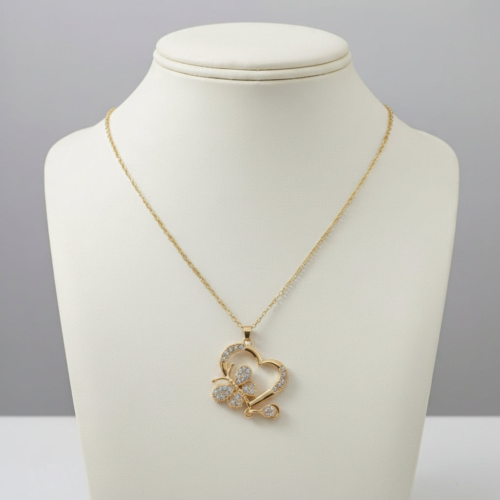 3-Pieces Set of Golden Butterfly in Heart Locket & Earrings in Gift Packing