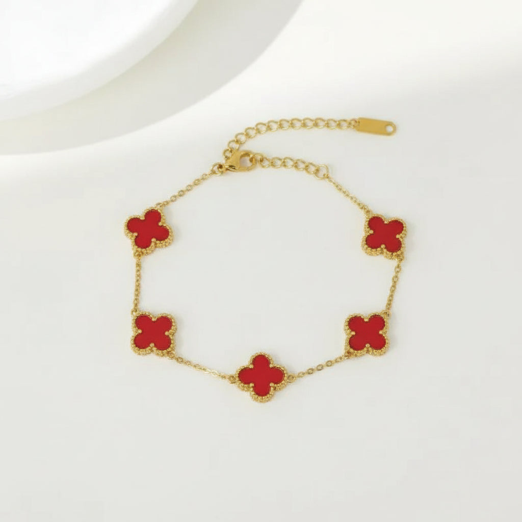 Golden-Red 5 Leaves Clover Bracelet in Gift Packing