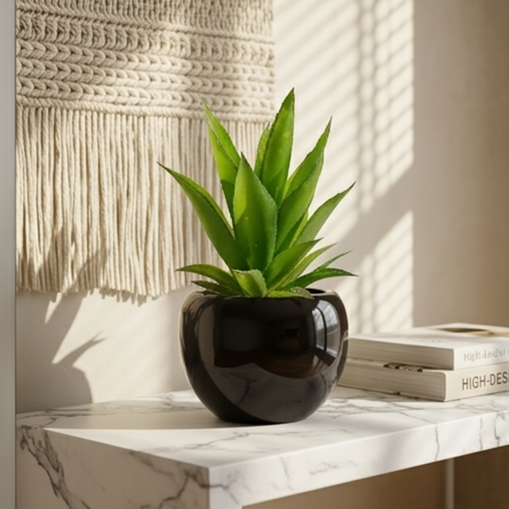 Black Ceramics Pot with artificial Cactus Plant