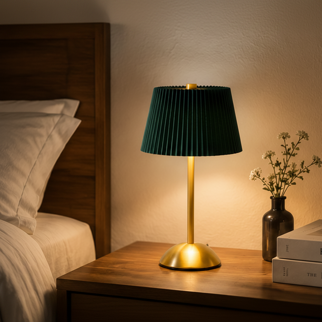 Golden LED Lamp with Green Umbrella Shape Top – 3 Light Colours, Portable, Rechargeable, Touch Sensor