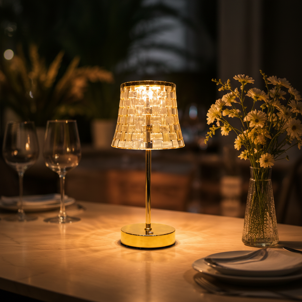 Golden LED Crystal Lamp – 3 Light Colours, Portable, Rechargeable, Touch Sensor