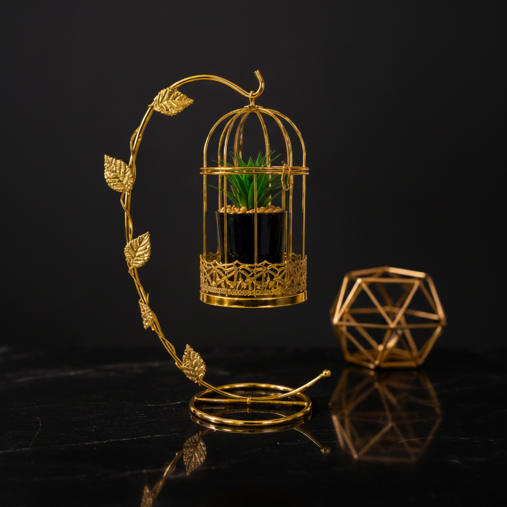 Golden Metallic Cage with Plant Pot inside, hanged on Golden Arc Shaped Stand