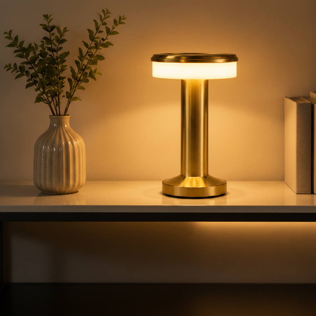 Golden LED Desk Lamp – 3 Light Colours, Portable, Rechargeable, Touch Sensor